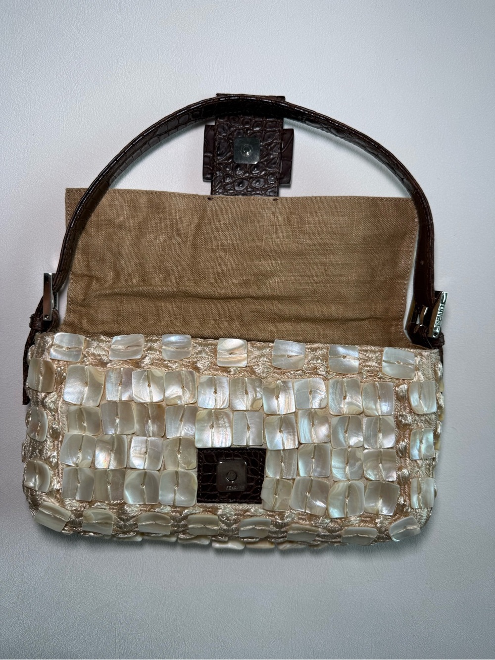 Vintage Fendi Mother of Pearl Baguette Bag w Crocodile Trim - Picture 3 of 11